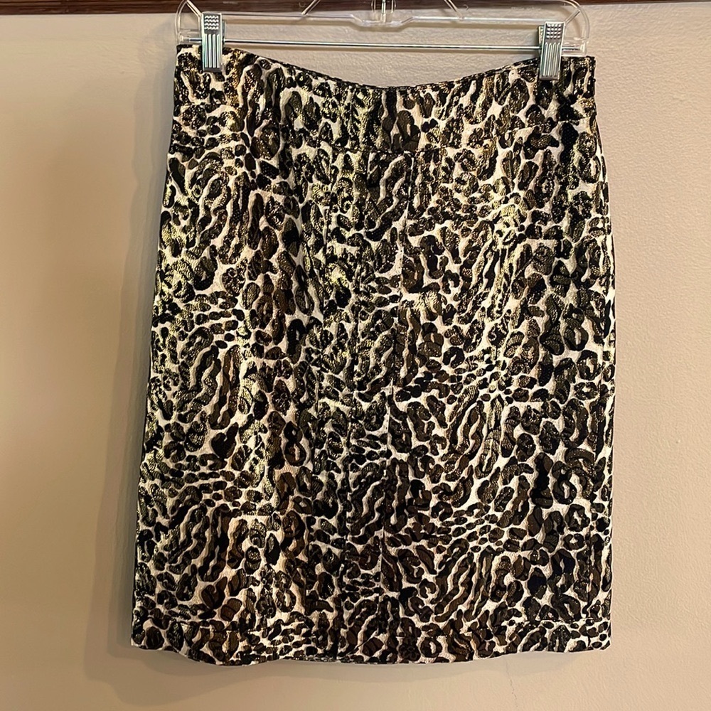 TORY BURCH SILK metallic cheetah / animal print skirt shift cut, lined, zipped 8